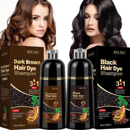 Grey Hair Dye Shampoo 3-in-1 Natural Plant-Based Herbal Formula — Non-Stick Scalp, Covers White Hair in Minutes, 500ml — Black, Dark Brown, Chestnut Brown for Men & Women