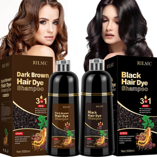Grey Hair Dye Shampoo 3-in-1 Natural Plant-Based Herbal Formula — Non-Stick Scalp, Covers White Hair in Minutes, 500ml — Black, Dark Brown, Chestnut Brown for Men & Women