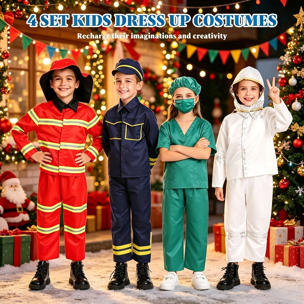 Kids Dress Up Costumes Set 4-in-1 – Firefighter, Police, Astronaut & Doctor Role Play Clothes for Boys Girls Ages 3-6, Birthday Christmas Halloween Career Day Gift