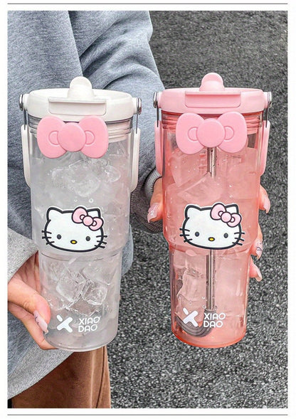 Hello Kitty Water Bottle with Straw 30 Oz – Large Capacity Cartoon Tumbler for Women & Girls – Portable Outdoor Sports Cup with Bow & Sticker – Cute Kawaii Plastic Drinkware Gift
