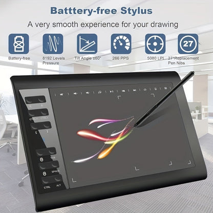 Graphics Drawing Tablet 10x6 Inch, 8192 Levels Pressure Sensitivity Battery-Free Stylus, 12 Programmable Shortcut Keys