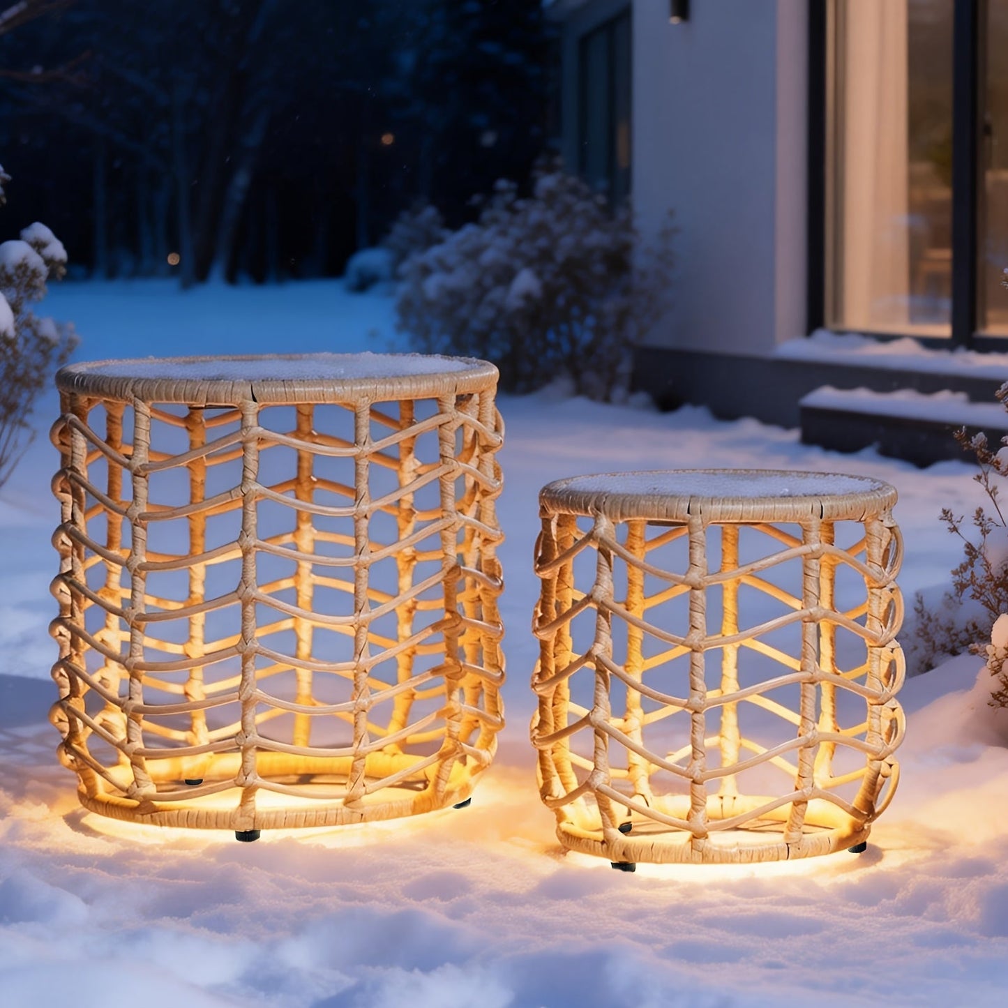 Outdoor Side Table Set of 2 Nesting PE Wicker Frames with Tempered Glass Tops for Patio or Balcony Layouts