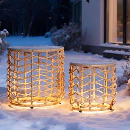 Outdoor Side Table Set of 2 Nesting PE Wicker Frames with Tempered Glass Tops for Patio or Balcony Layouts