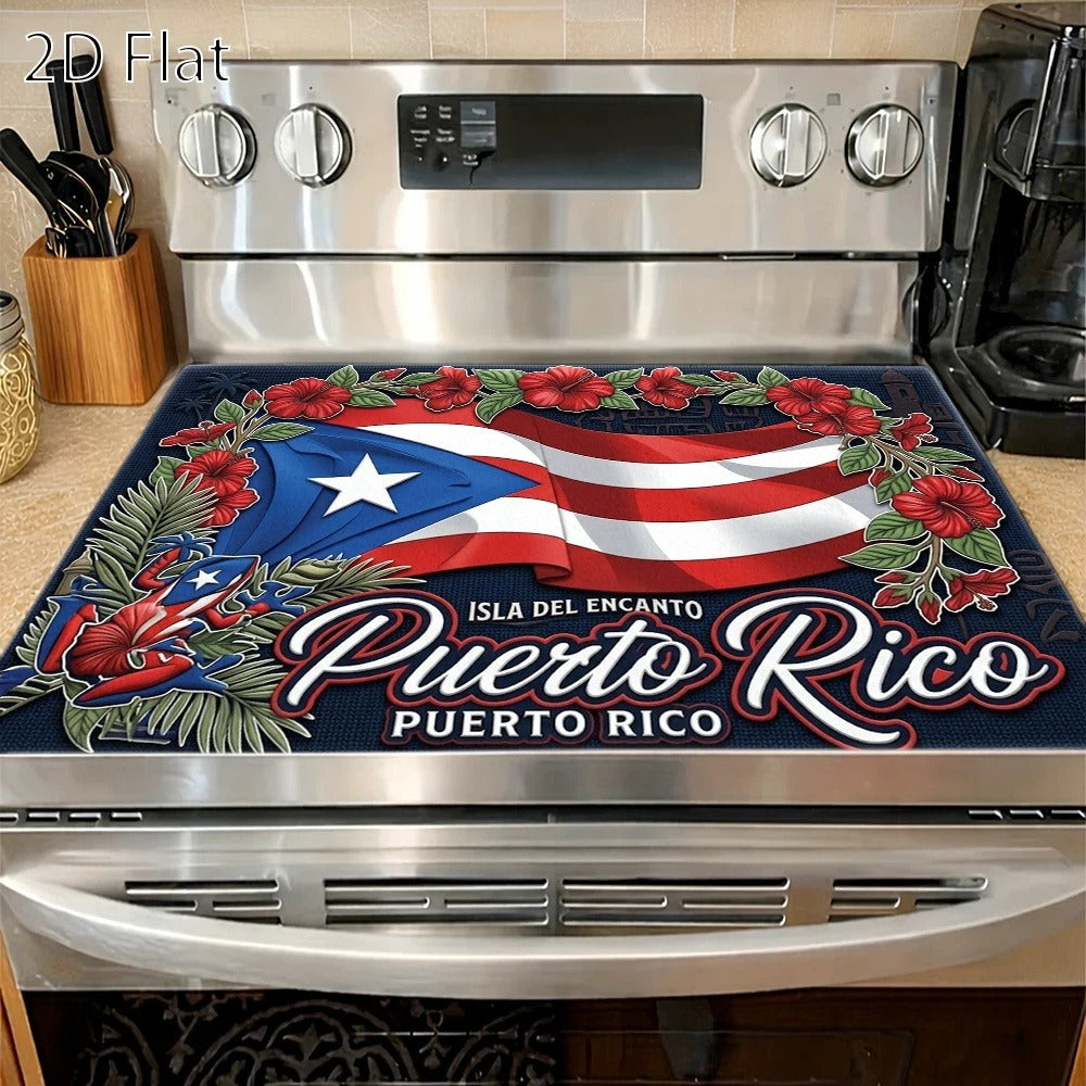 Puerto Rico Flag and Floral Stove Protector Mat, 28.35 x 20.47 Inches with Rectangular Format