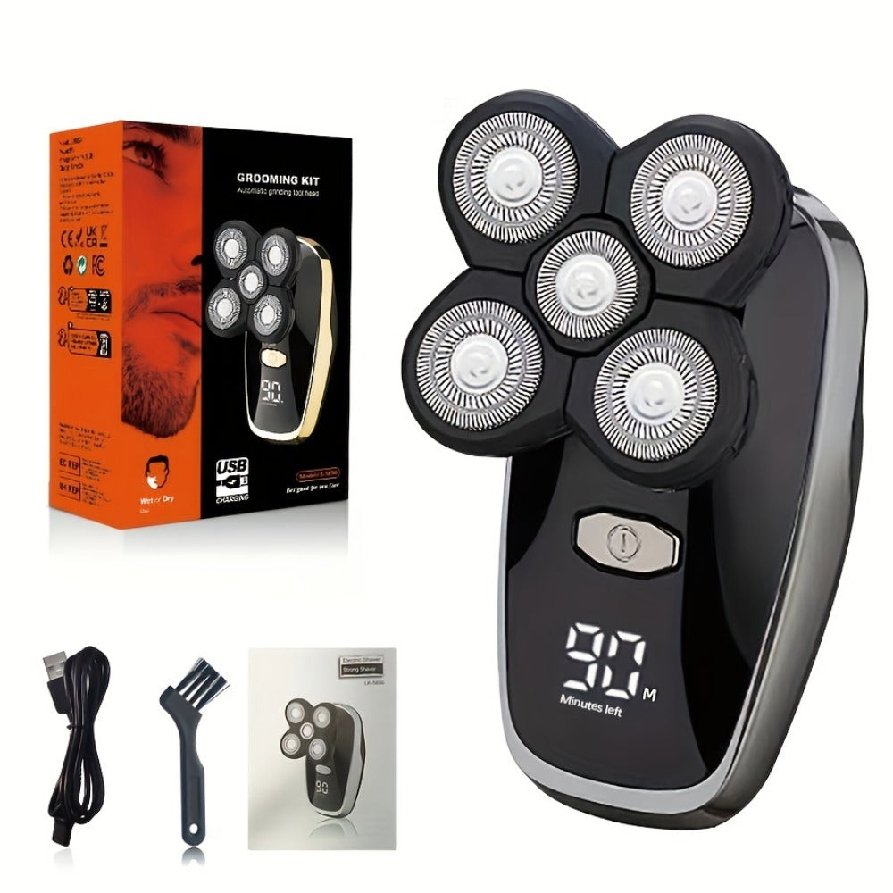 Electric Shaver 5-in-1 Grooming Kit with Nose Trimmer, Hair Clipper, Facial Brush, USB Charging and Display