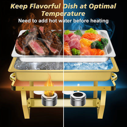 Chafing Dish Buffet Set 8QT Gold - Stainless Steel Food Warmer with Lid Foldable Stand & Golden Serving Tongs for Parties Weddings Catering Events, 1 or 4 Pack