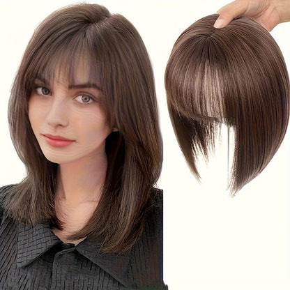 10-Inch Clip-In Hair Topper with Bangs in Black, Dark Brown or Light Brown Crown Coverage Options