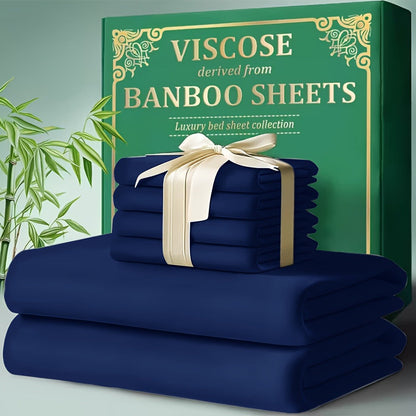 Bed Sheet Set 4-Piece Bamboo-Derived Cooling Fabric with Deep-Pocket Fitted Sheet and Four Bed Sizes
