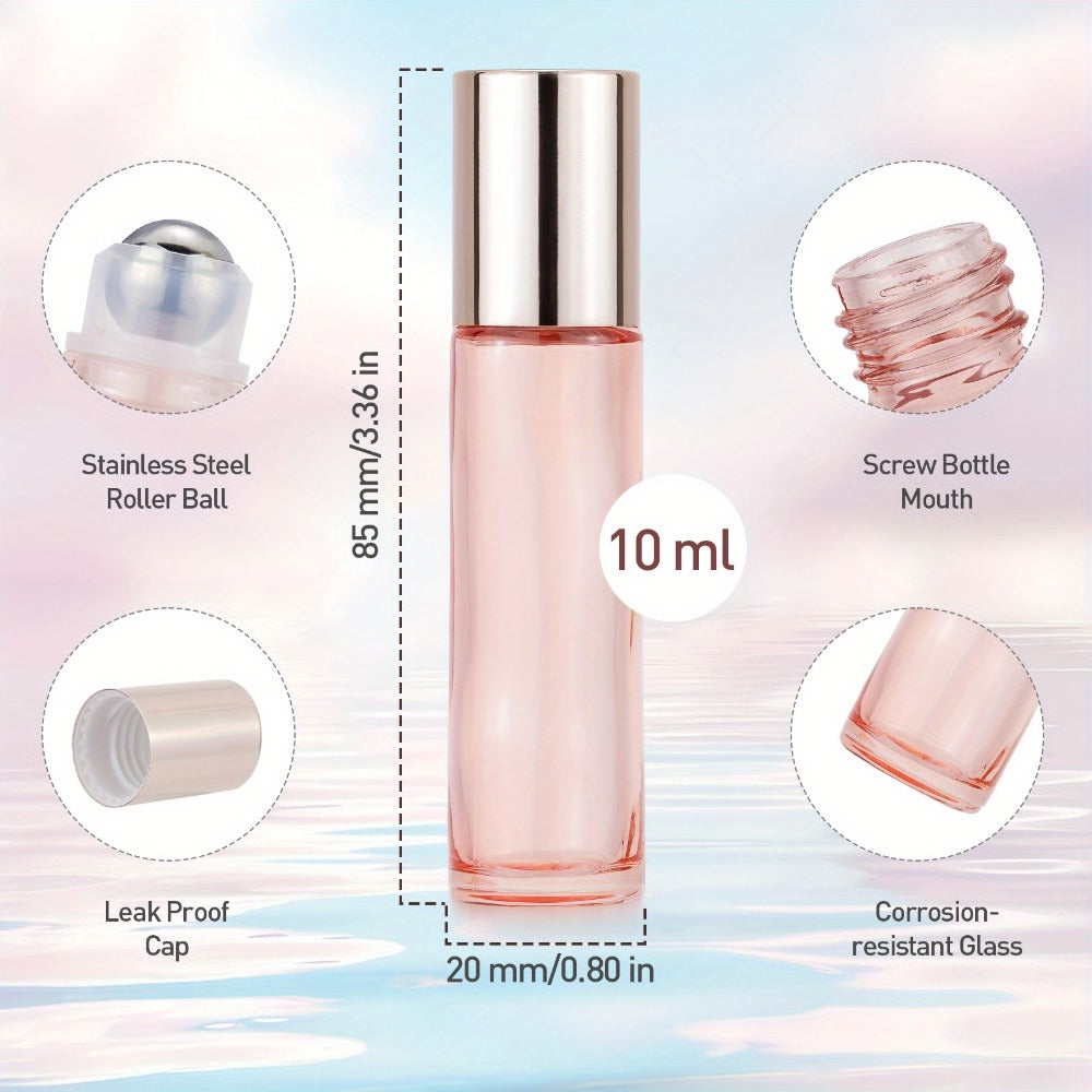 28-Pack 10 ml Clear Pink Glass Roller Bottles with Stainless Steel Balls, Opener and Funnel