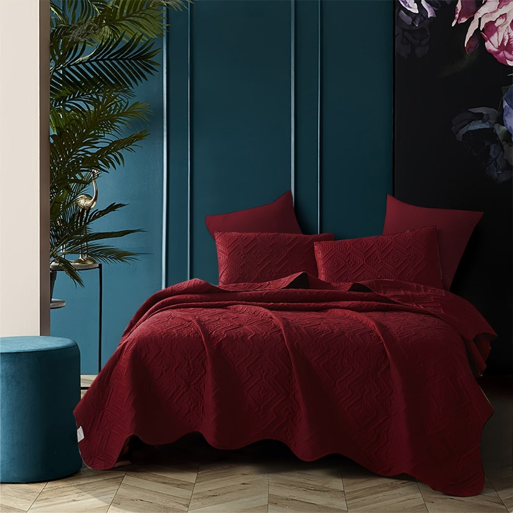 Rhombus-Pattern Three-Piece Bedspread Set in Khaki, Matcha, Blue and Grey with Twin to King Sizes