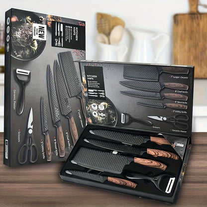 Kitchen Knife Set Professional Stainless Steel with Wooden Block – Hammer Textured Chef Knives, Self-Sharpening, Scissors Included, Gift Box Ready for Valentine's Day, Wedding & Housewarming