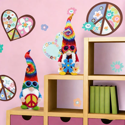 Hippie Gnomes Decorations 2 Pack – Groovy Tie Dye Tomte Figurines with Peace Sign & Fashion Glasses, 13.5" Swedish Gnome Shelf Sitters for Farmhouse, Christmas, Halloween & Party Decor