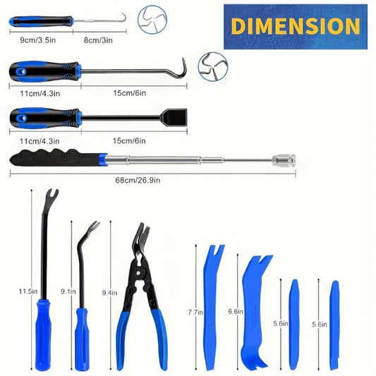 Auto Trim Removal Tool Kit 17pcs with Pry Tools Picks Metal Scraper Magnetic Telescopic Pickup Non-Slip Clips for Car Door Panel Dash Interior Bicycle Maintenance