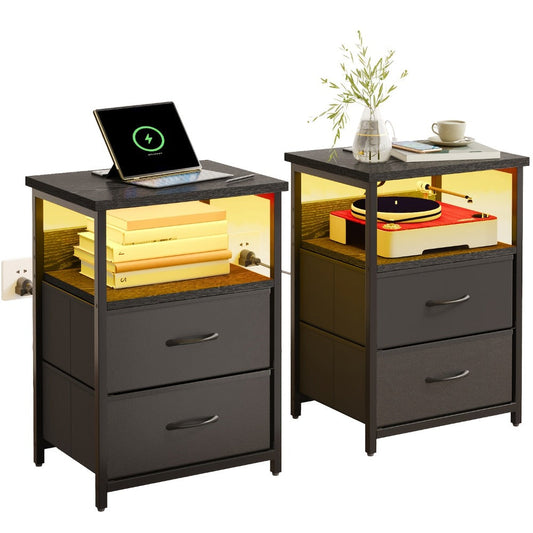 Nightstand with Charging Station & LED Light – USB Ports Outlets Fabric Drawers | PU or Clear Acrylic Desktop | 1pc or 2pcs Matching Set | Smart Bedside Table for Bedroom Dorm Student Room Black White