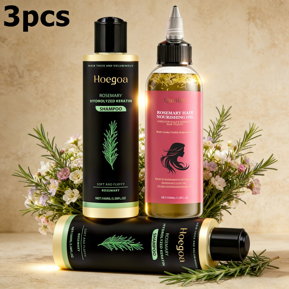 Rosemary Vitamin C Keratin Shampoo Set 3 Bottles — Deep Cleanse Moisturize & Strengthen Hair, Scalp Stimulating Antioxidant Formula, Smooth Shiny Frizz-Free Results, Holiday Hair Care Gift for Women & Men