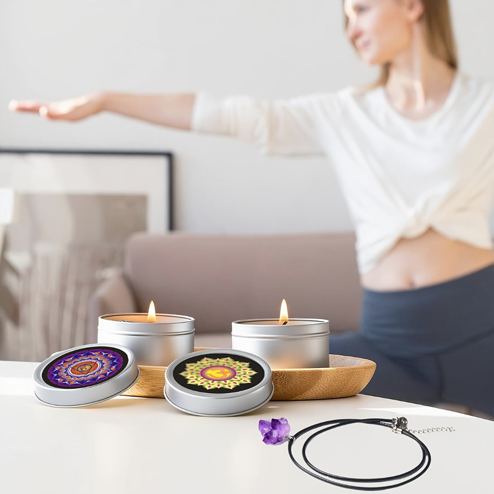 Seven-Piece Color Candle Gift Box with Crystal-Style Pendant Necklaces and Pictured 2.2 oz Tins