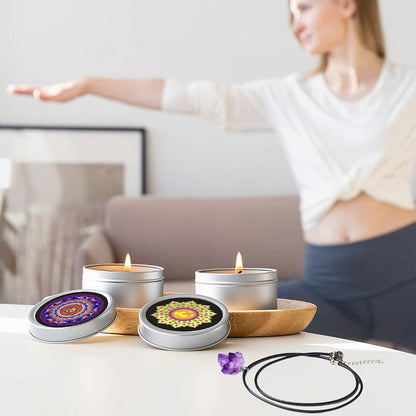 Seven-Piece Color Candle Gift Box with Crystal-Style Pendant Necklaces and Pictured 2.2 oz Tins