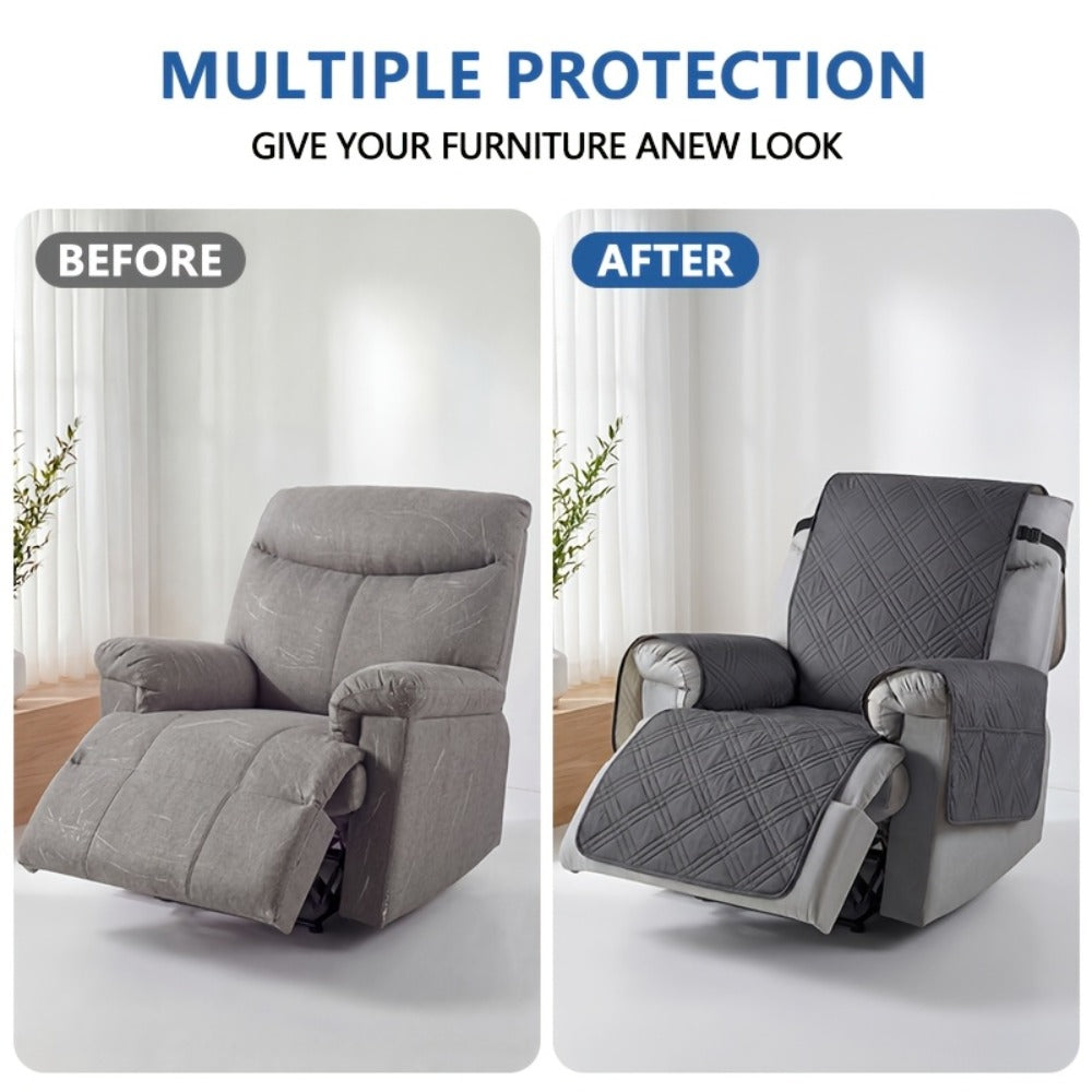 Quilted One-Piece Recliner Chair Cover with Side Pocket, Back Strap and Six Solid Color Options