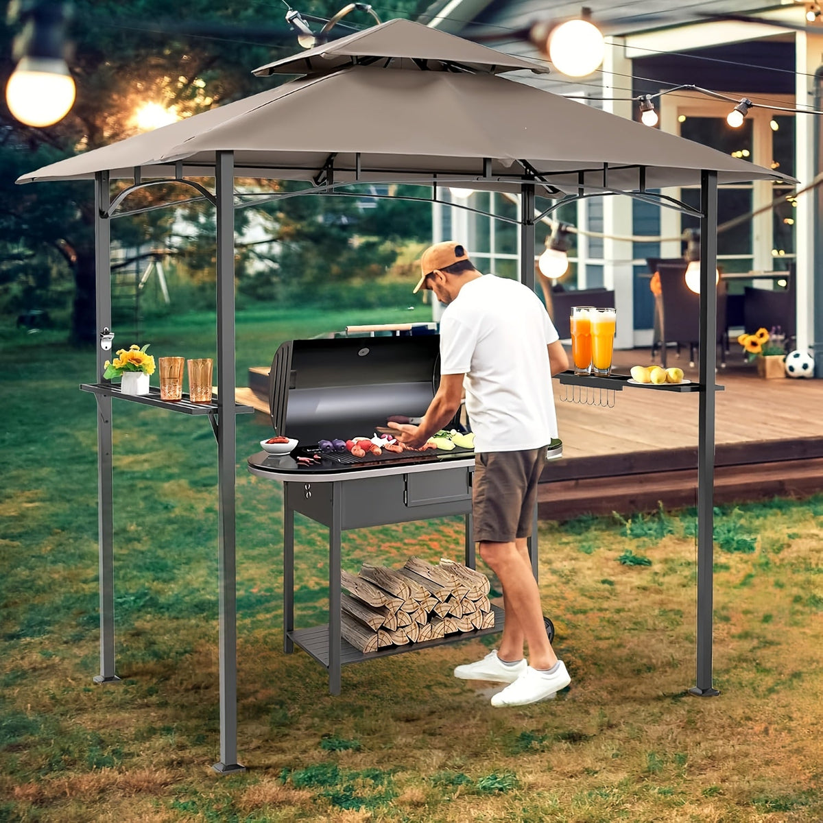 Grill Gazebo 8x5ft Double Tiered BBQ Canopy 8 Hooks Backyard Poolside for Grilling, Camping and Outdoor Meals