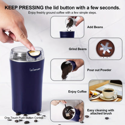 Electric Coffee Grinder 200W | Quiet Spice Grinder | 80g Large Capacity 12 Cups | 304 Stainless Steel Blade | One-Touch Operation | Grinds Coffee Beans Spices Nuts Grain | Blue Black