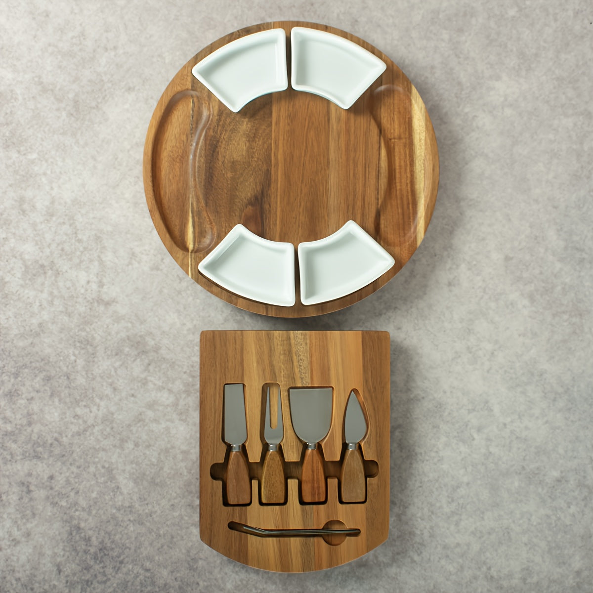 Round 13-Inch Wood-Look Charcuterie Board Set with Four White Bowls, Utensil Drawer and Serving Tools