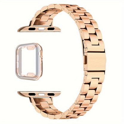 Slim Waist Apple Watch Steel Band & Half Shell Case 3-Piece Set – 2 Stainless Steel Bands + Protective Case Compatible with Apple Watch Series 1–9 SE Ultra 38 40 41 42 44 45 49mm – Gold Silver Rose Black