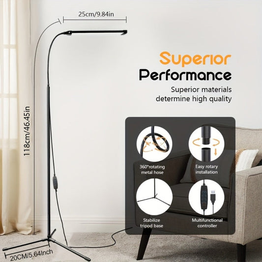 Gooseneck LED Floor Lamp with Stepless Dimming – 3 Color Temperatures, Flexible Neck, Eye-Care LED Smart Reading Lamp for Living Room, Bedroom & Home Office | Tri-Color Adjustable Standing Light