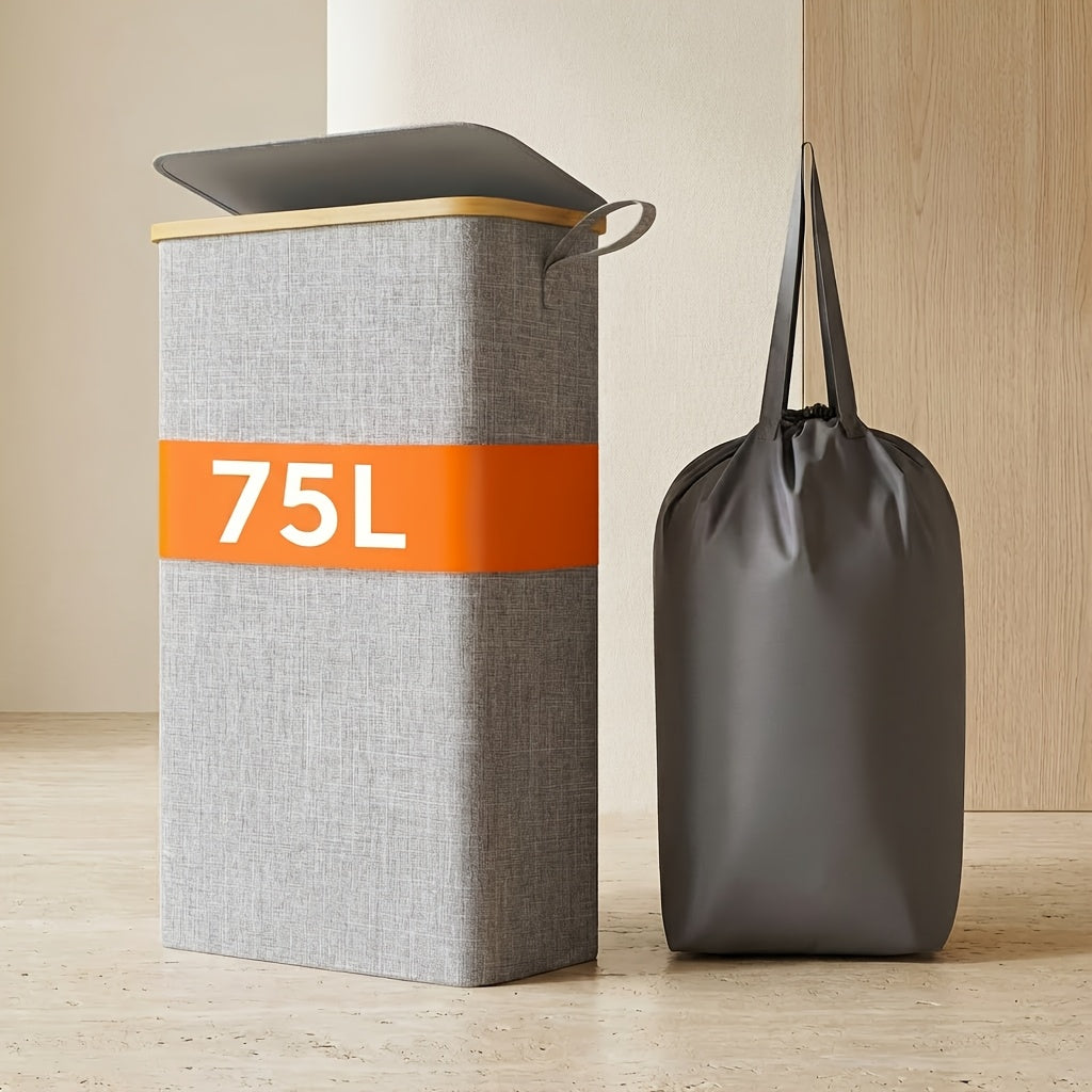 Slim Laundry Hamper with Lid & Removable Bag – Foldable Narrow Clothes Basket with Bamboo Handles for Bathroom, Bedroom & Dorm – 50L / 65L / 75L Space-Saving Collapsible Laundry Bin
