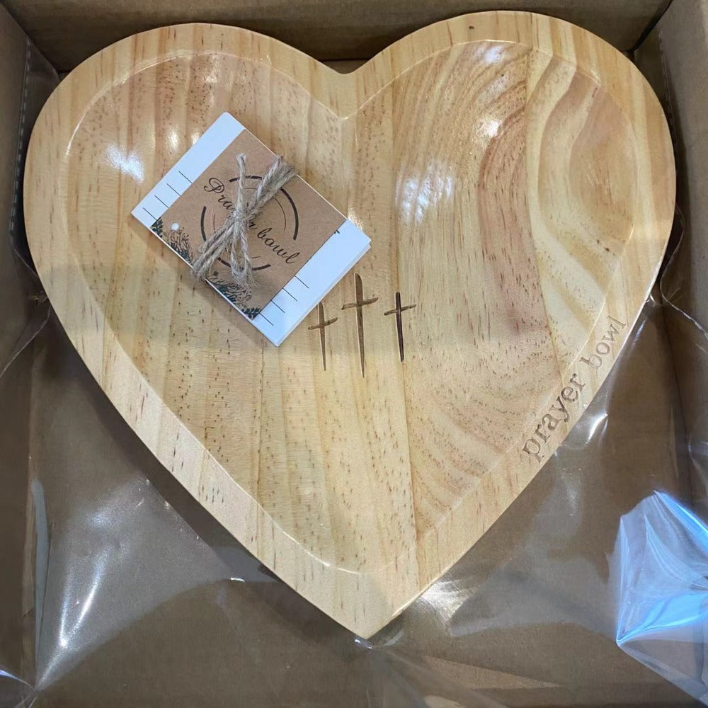 Heart-Shaped Wooden Prayer Bowl Set with Cross Engraving and Twenty-Four Printed Prayer Cards