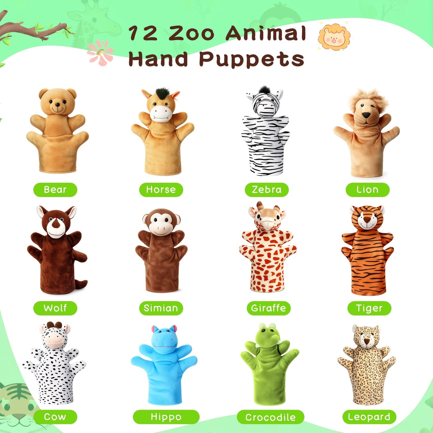 Zoo Animal Hand Puppets Set 12pcs Plush Pretend Toys with Tiger Lion Bear Leopard & More, Soft Stuffed Puppet for Storytelling Teaching Role Play, Kids Toddlers Birthday Christmas Halloween Gift
