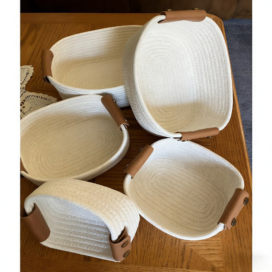 Cotton Rope Storage Baskets Set of 5 with Leather Handles in Four Color Options for Home Organization