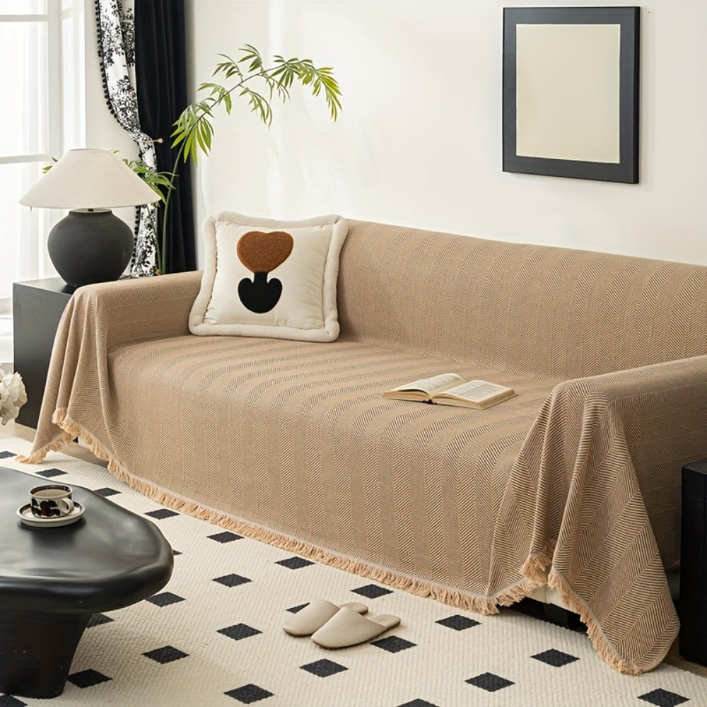 Sofa Cover 71-Inch Herringbone Jacquard Woven Throw with Tassel Fringe in Grey, Coffee, Green or Blue