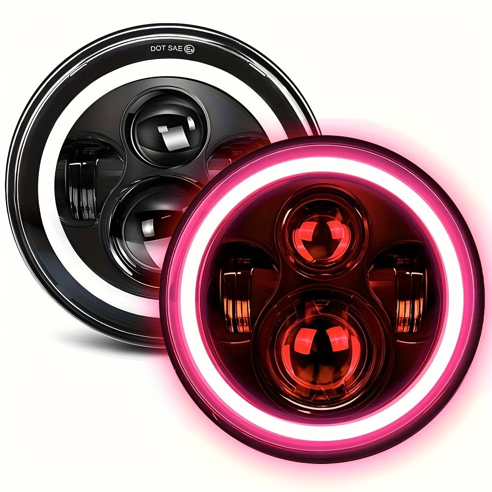 7 Inch Round LED Headlights for Jeep Wrangler JK TJ CJ Colorful DRL Halo Ring Amber Turn Signal High Low Beam, 2pcs White Red Green Blue Multi-Color Replacement Headlamp Set