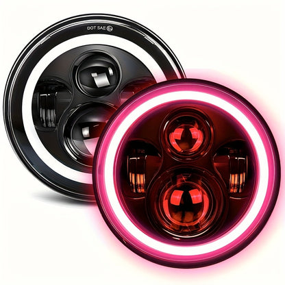 7 Inch Round LED Headlights for Jeep Wrangler JK TJ CJ Colorful DRL Halo Ring Amber Turn Signal High Low Beam, 2pcs White Red Green Blue Multi-Color Replacement Headlamp Set