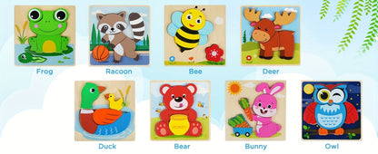 Baby Animal Wooden Puzzles for Toddlers 8 Pack, Infant Learning Toy 12 Months+, Bear Bunny Owl Frog Bee Duck Moose Raccoon