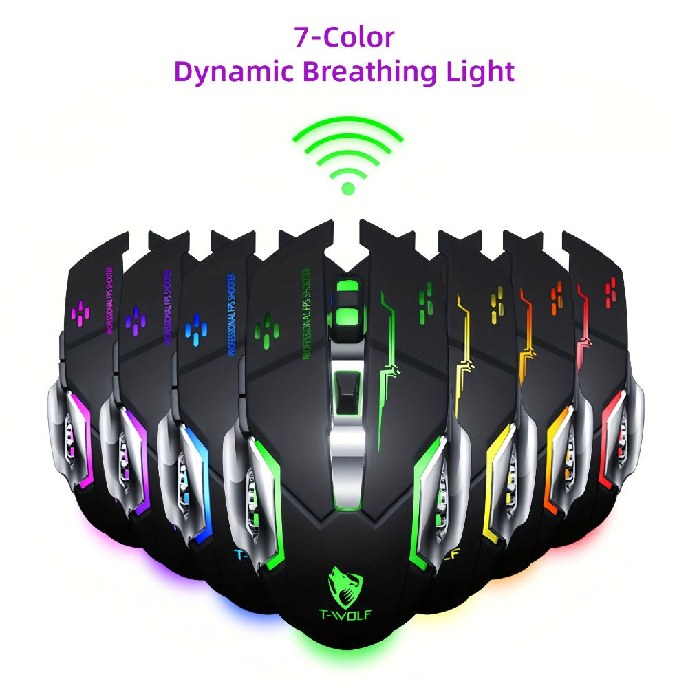 Wireless Gaming Mouse RGB Rechargeable T-WOLF 2.4GHz Ergonomic Large Mouse for PC Laptop Tablet Mac Chromebook Adjustable DPI Quiet Click Work Gaming Study Back to School Gift