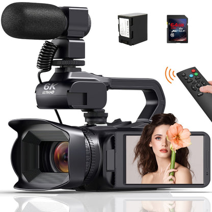 6K 64MP Video Camera Camcorder with IR Night Vision – DINGETU 18X Zoom Vlogging Camera, 4.0" Touch Screen, WiFi, 2.4G Remote, External Mic, 64GB SD Card, 4500mAh Battery, YouTube Camera
