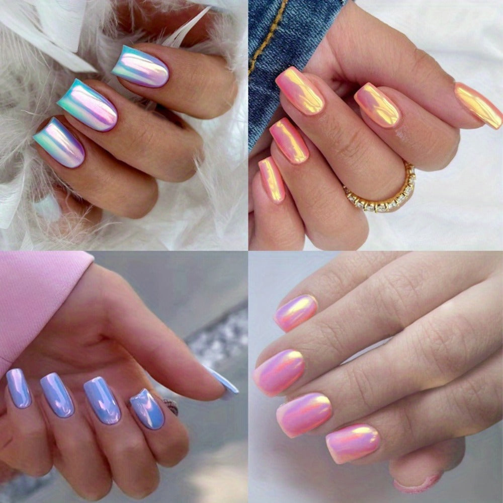 Press On Nails 96-Piece Short Square Set with Pink Chrome Mirror Metallic Full-Cover Finish
