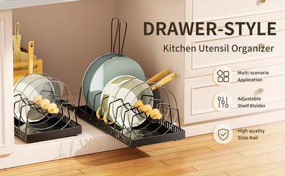 Pull-Out Pot and Pan Organizer with Sliding Cabinet Base, Eight Adjustable Dividers and One- or Two-Pack Options