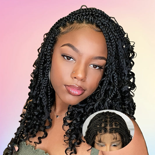 Knotless Braided Wig Full Lace Curly Ends 180% Density 16 Inch | Handmade Synthetic Box Braid Natural Hairline 4 Colors for Women Party Holiday Protective Style