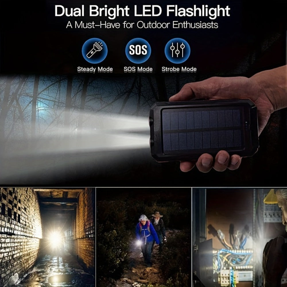 Solar Power Bank, 20000mAh Dual-USB Charger with Solar Panel, LED Flashlight, Compass and Five Color Options