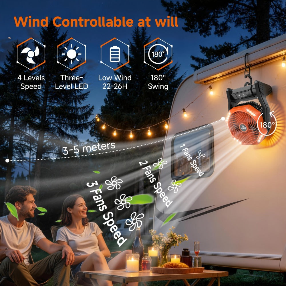 Camping Fan 20000mAh Tabletop and Hanging Fan with 4 Speeds, 3-Level LED Light and 180° Vertical Swing