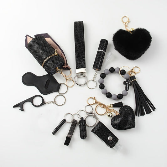 Rhinestone Keychain Set for Women 13-Piece – Safety Gadgets with Window Breaker Whistle Hand Sanitizer Holder Perfume Bottle Beaded Bracelet PU Tassel, Holiday Birthday Gift Box