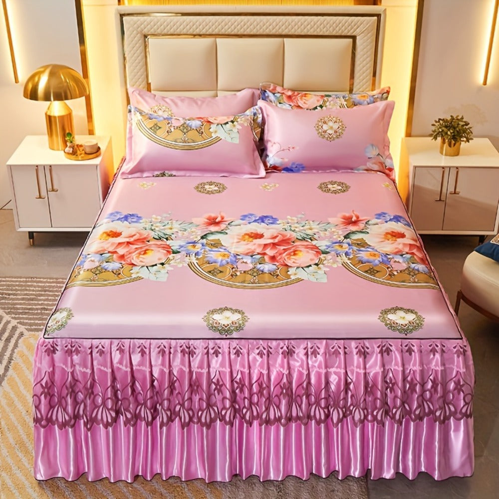 Ruffled Floral Bedspread Mat Set with Two Pillowcases, Twin to King Sizes and Four Pattern Choices
