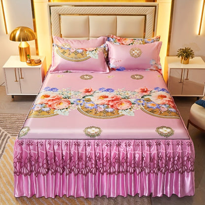 Ruffled Floral Bedspread Mat Set with Two Pillowcases, Twin to King Sizes and Four Pattern Choices
