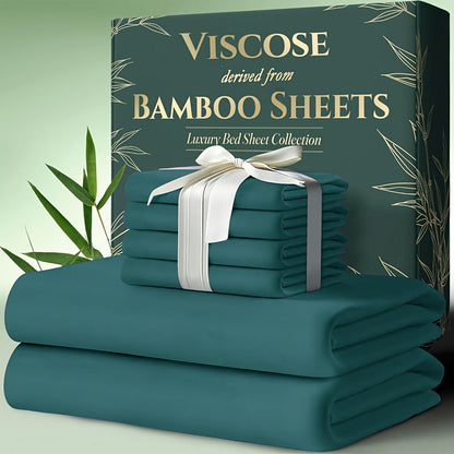 Cooling Bamboo Bed Sheet Set 6pcs Ultra Soft Deep Pocket 17 Inch Double Stitching Breathable Sheets for Hot Sleepers Twin Full Queen King
