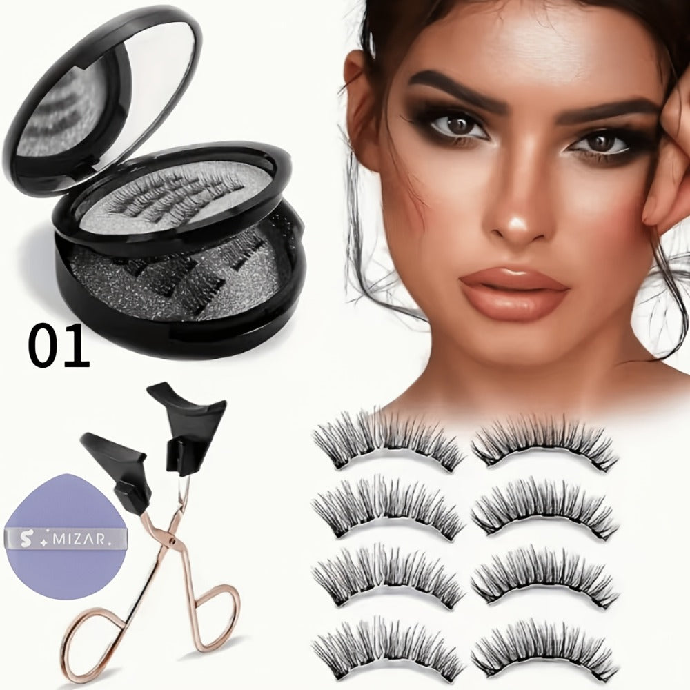Magnetic False Eyelashes Kit with Eight Pairs, Round Storage Case and Metal Applicator Clip