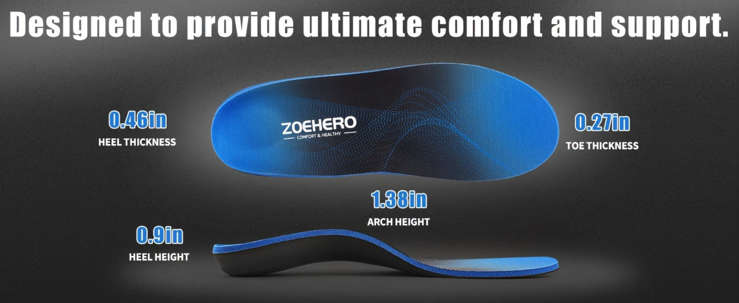 Blue Full-Length Shoe Insoles with Raised Arch Profile and Black Base in Ten Men's and Women's Size Options