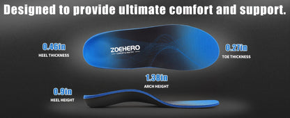 Blue Full-Length Shoe Insoles with Raised Arch Profile and Black Base in Ten Men's and Women's Size Options