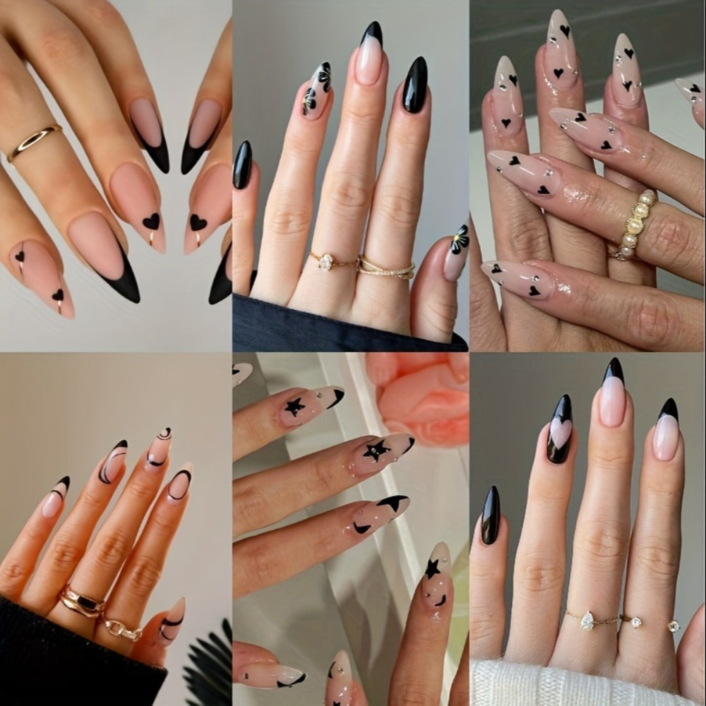 Press On Nails 144-Piece Short Almond Set with Pink Flowers, Rhinestones, Black French Tips and Glue